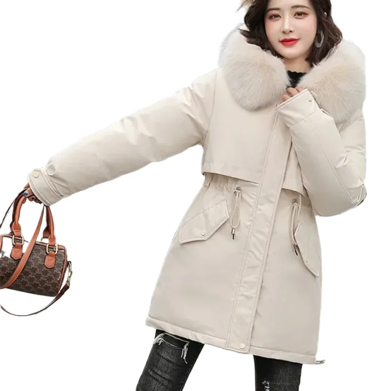 Winter Coat Low Price On Sale Women Beige Add Wool Thick Warmth Fur Hooded Parkas Jacket 2024 New Fashion Belt Slim Cotton Coat