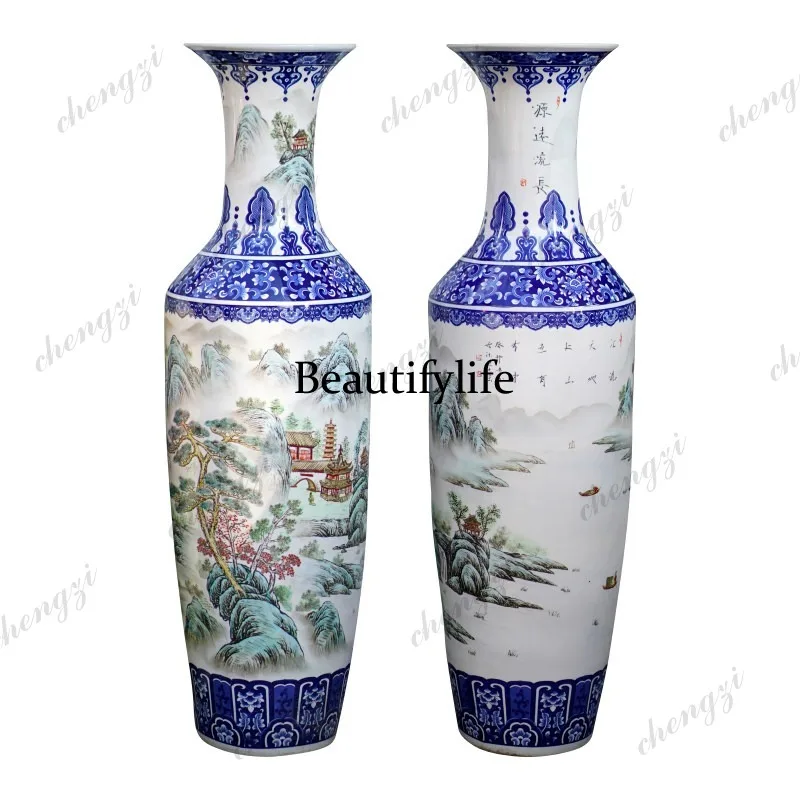 Ceramics hand-painted blue lace bucket color has a long history, landscape landing large vase living room Chinese ornament