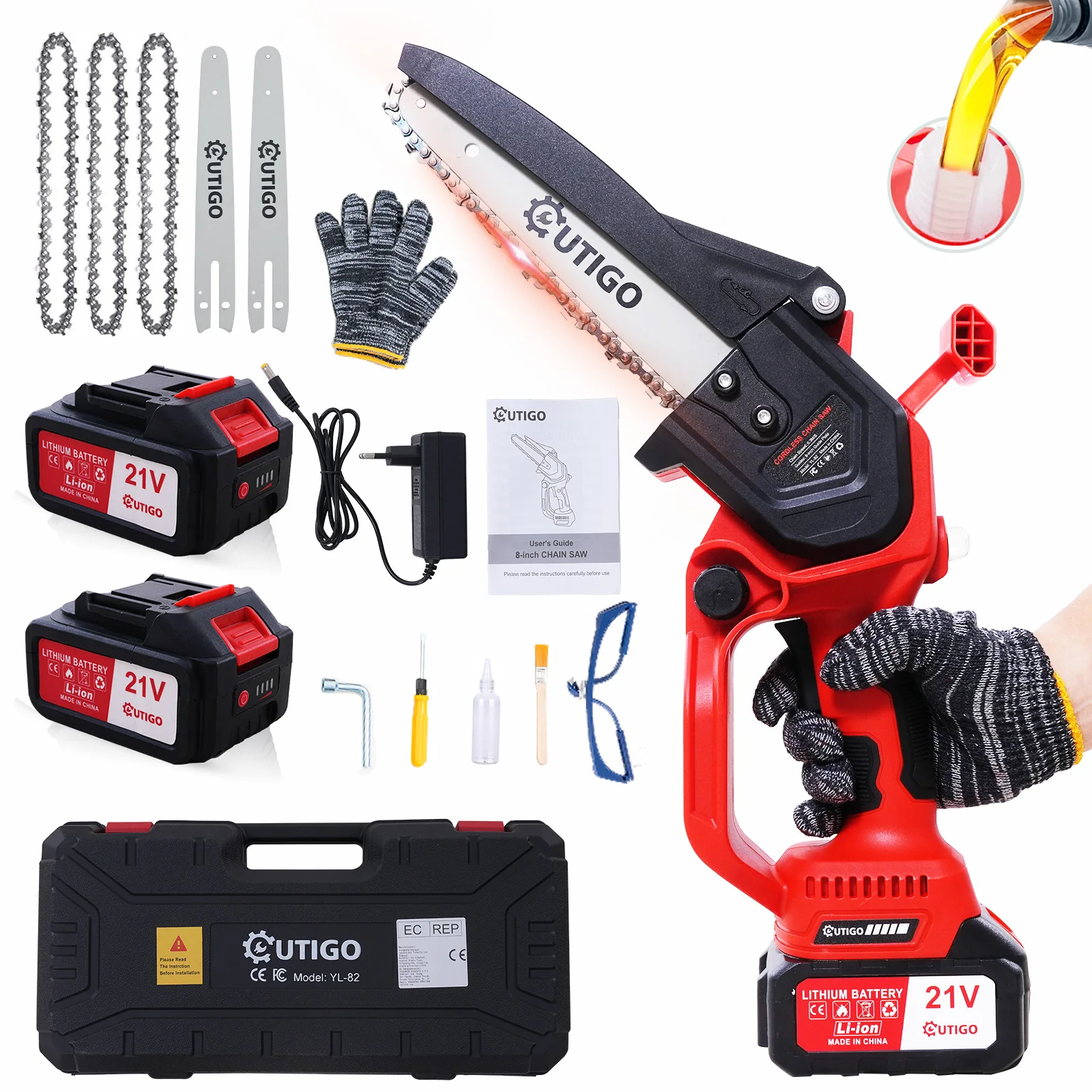 Tronçonneuse sans fil de 8 pouces, moteur sans balais de 800 W, 2 batteries de 4000 mAh, pour la coupe d'arbres et de branches, avec chargeur