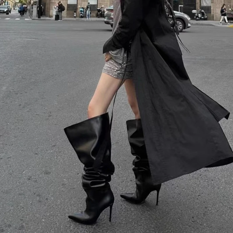 Slender Heel Over Knee Boots Woman Pointed Toe Sexy Heels Fashion Pleated Long Boots Extra Large Circumference Black Thigh Boots