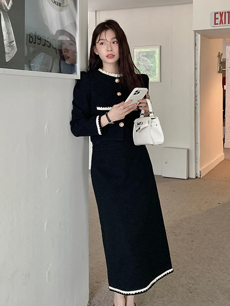 New Korean Fashion Formal 2 Piece Outfit Women Ladies Mujer Elegant Short Coat Tops Jacket Outwear And Long Skirt Slim Black Set