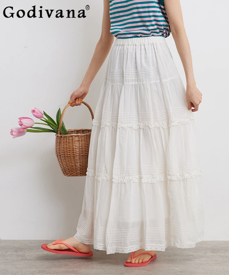 

Japanese Elastic Waist Lace Splicing Heavy Industry Long Skirt Lady Girl Sweet White Casual Cake Skirt Cotton Vintage Dress