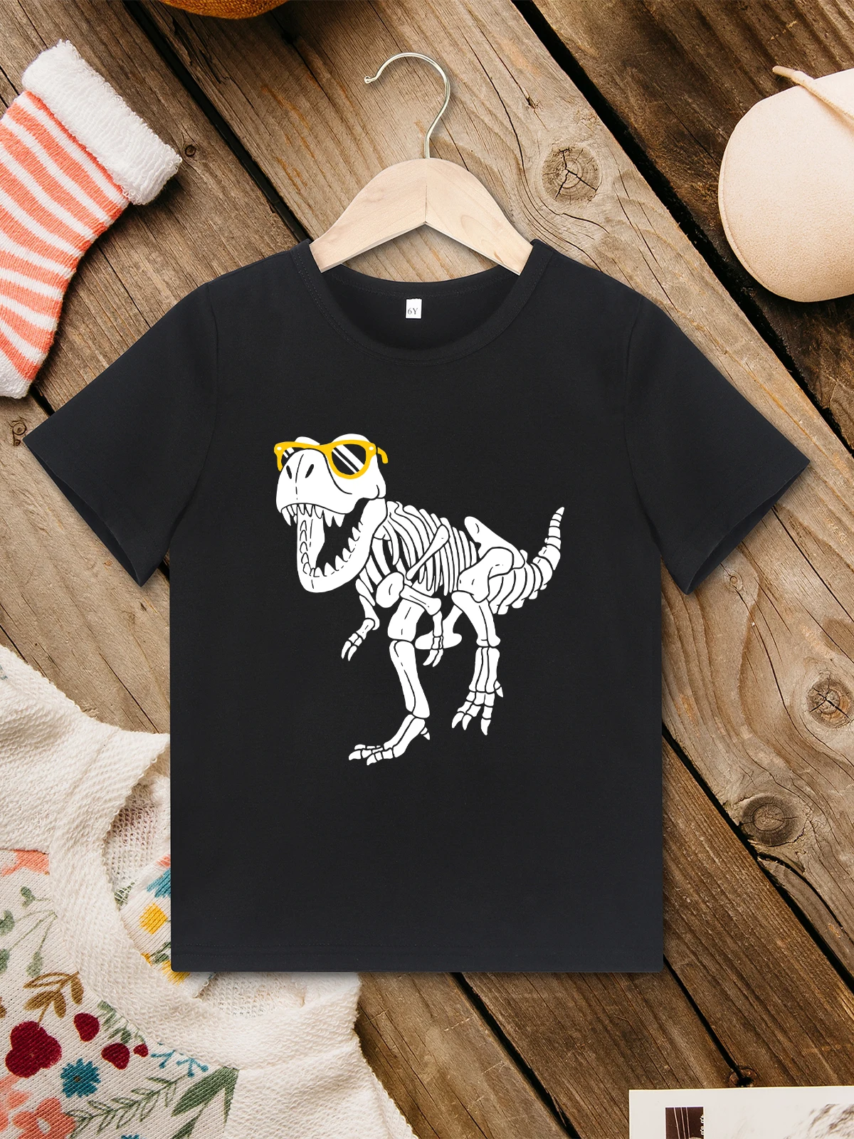 

Skeletal Dinosaur Print Hipster Boys Clothes Black Summer Trend Cool Kids T Shirt Urban Streetwear Fine Fabric Tops Breathable