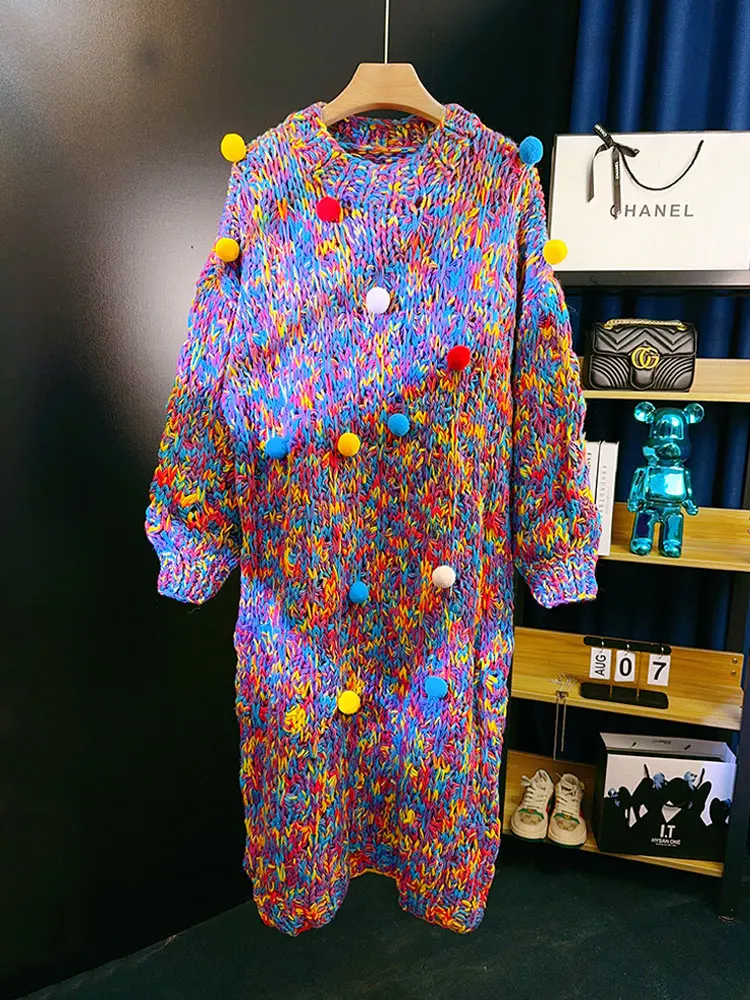 

Long Sweater Dress for Women, Hand-Knitted Autumn Winter New Style, Small Ball Decoration,Loose Straight Colorful Sweaters Women