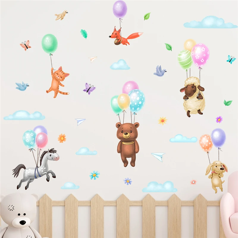 Happy Animals Hanging On Colorful Balloon Wall Sticker For Home Decoration Cartoon Safari Mural Art Kids Room Decal Pvc Poster