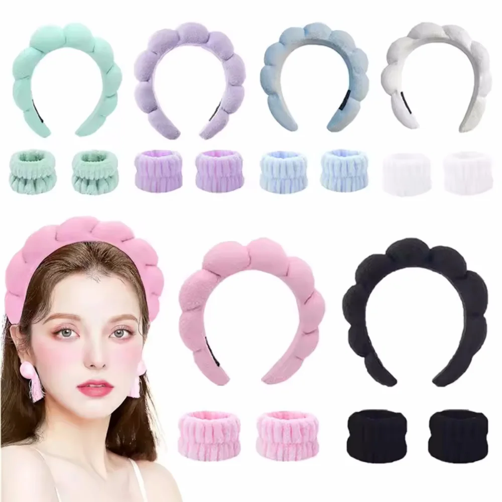 3Pcs Fashion Microfiber Washing Wristbands Scrunchies Puffy Headband Spa Bubble Headband for Washing Face Makeup Shower Skincare