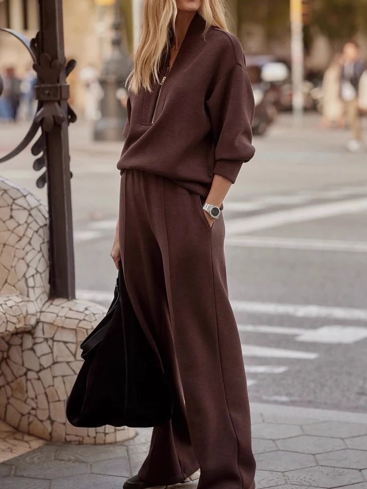 Elegante scollo a V con cerniera Top e pantaloni lunghi Set Tasca causale da donna Manica lunga Abito semplice Abbigliamento sportivo di moda Abiti da 2 pezzi lavorati a maglia