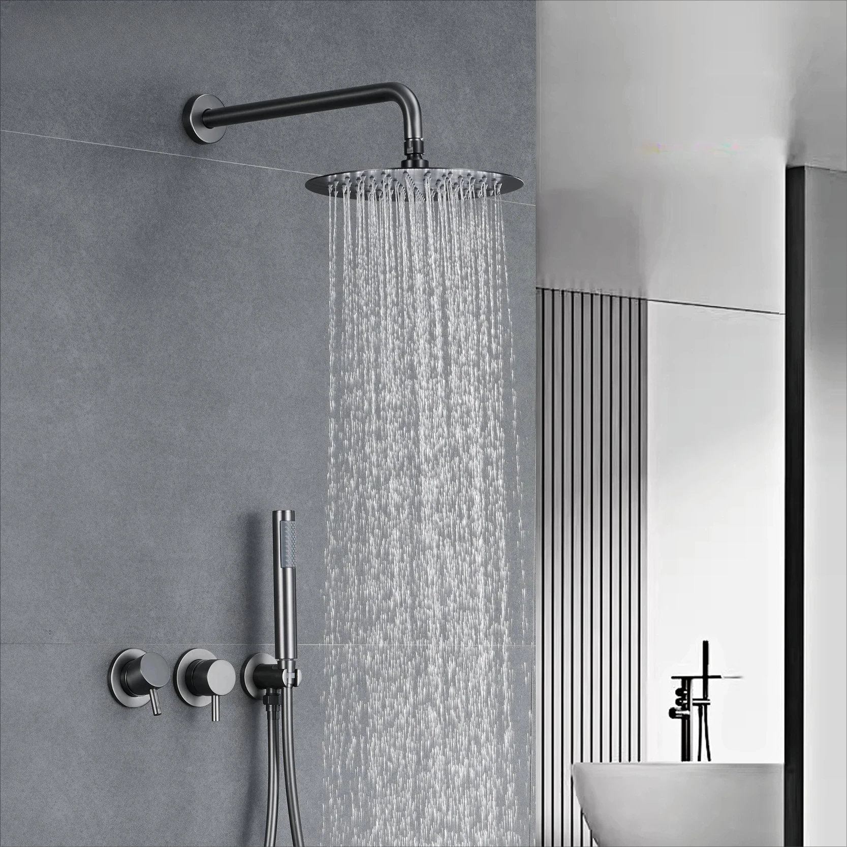 

Роскошная латунная серая настенная душевая насадка для душа с минималистским дизайном, смеситель для ванной комнаты с двойной ручкой и горячей и холодной водой