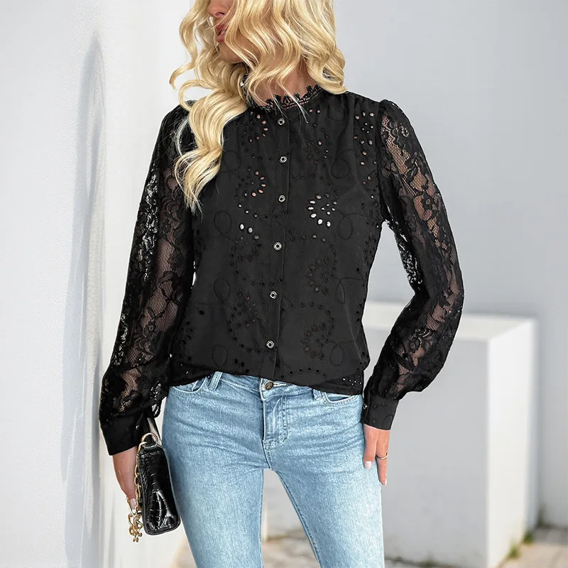 

2025 New Autum Pure Color Black Elegant Lace Splicing Shirt Top Women's Round Neck Slim Fit