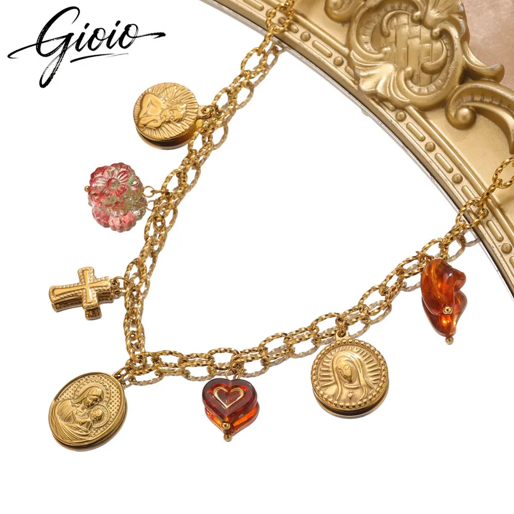 

GIOIO Vintage Stainless Steel Virgin Mary Pendants Necklace For Women Angel Cross Resin Charms Choker Necklace Women's Jewelry