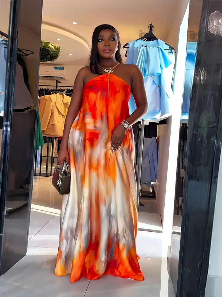 Summer Women Halter Neck One-Piece Dress Elegant Sleeveless Deep Backless Dress Gradient Print Long Loose Maxi Dress Sexy