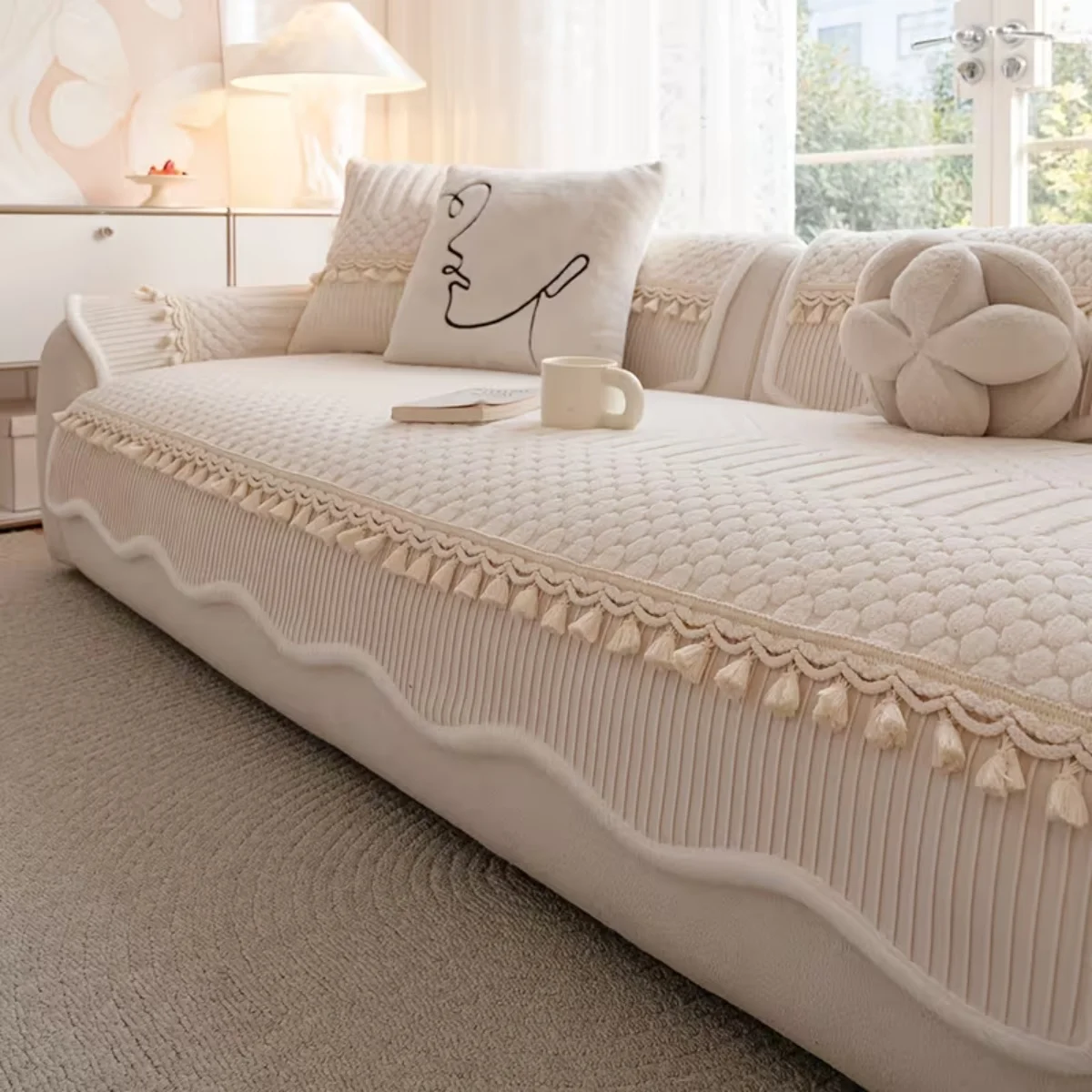 Dicker Plüsch-Sofabezug mit Quasten, Moderner Boho Einfarbiger Couchbezug für Wohnzimmer 1/2/3/4-Sitzer Sofaauflage Sofatuch