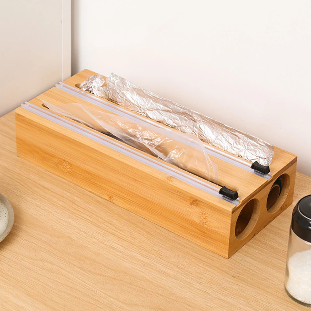 3 in 1 Wrap Organizer with Cutter, Kitchen Wrap Bamboo Dispenser for Plastic Wrap, Aluminum Foil and Wax Holder for 12