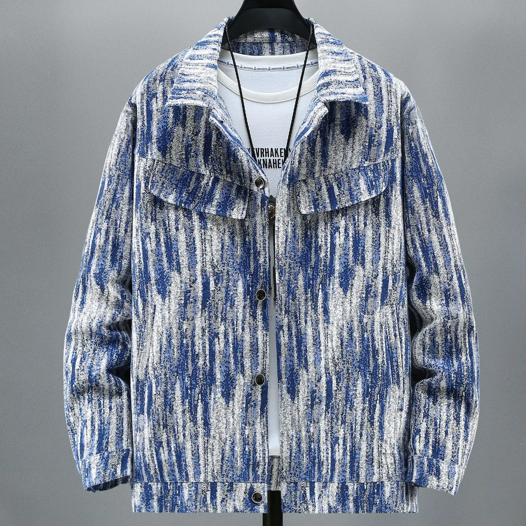 

Washed oversized denim tie dyed jacket Fat Spring Autumn Denim Coat Men's Plus Size Youth Loose Korean Polo Work Jacket