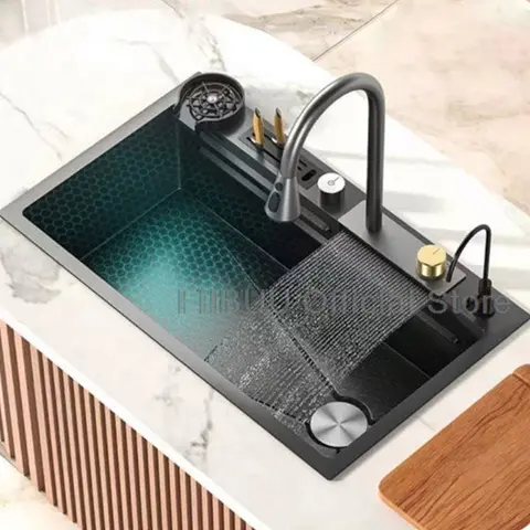 다기능 주방 싱크대 대형 싱글 볼 스테인레스 스틸 싱크대, 벌집 엠보싱 대야 폭포 수도꼭지, 액세서리 포함