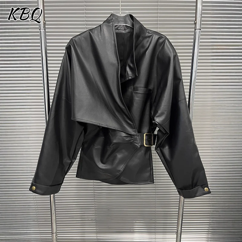 

KBQ Solid Spliced Belts Tunic Loose Coats for Women Stand Collar Long Sleeve Korean Version of Casual Leather Jacket Female New