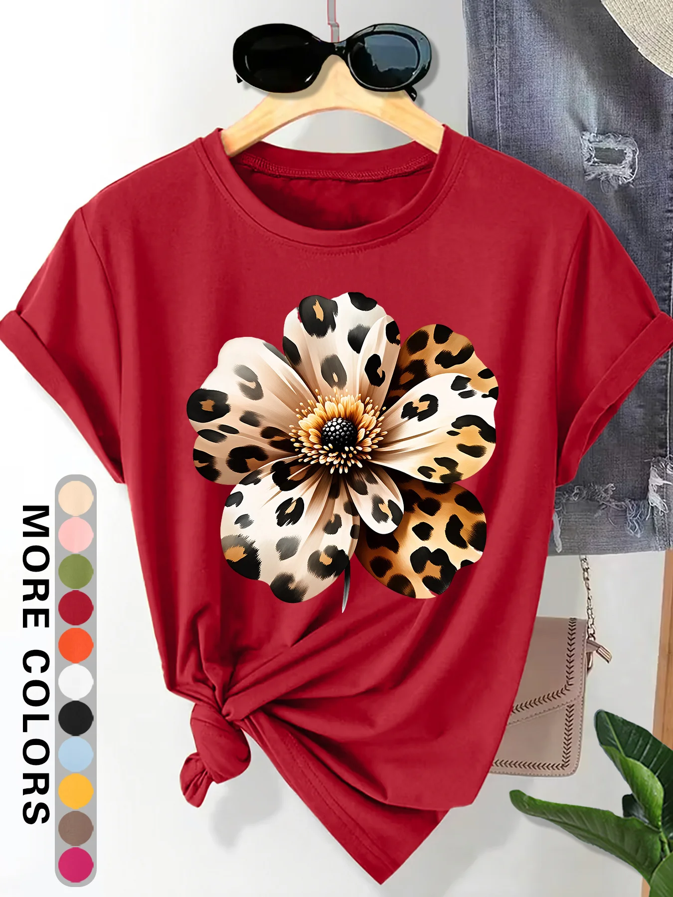 Leopard Print Large Flower Pattern Round Neck Women's Comfortable and Breathable New  Summer Outfit Short Sleeved T-shirt Gift