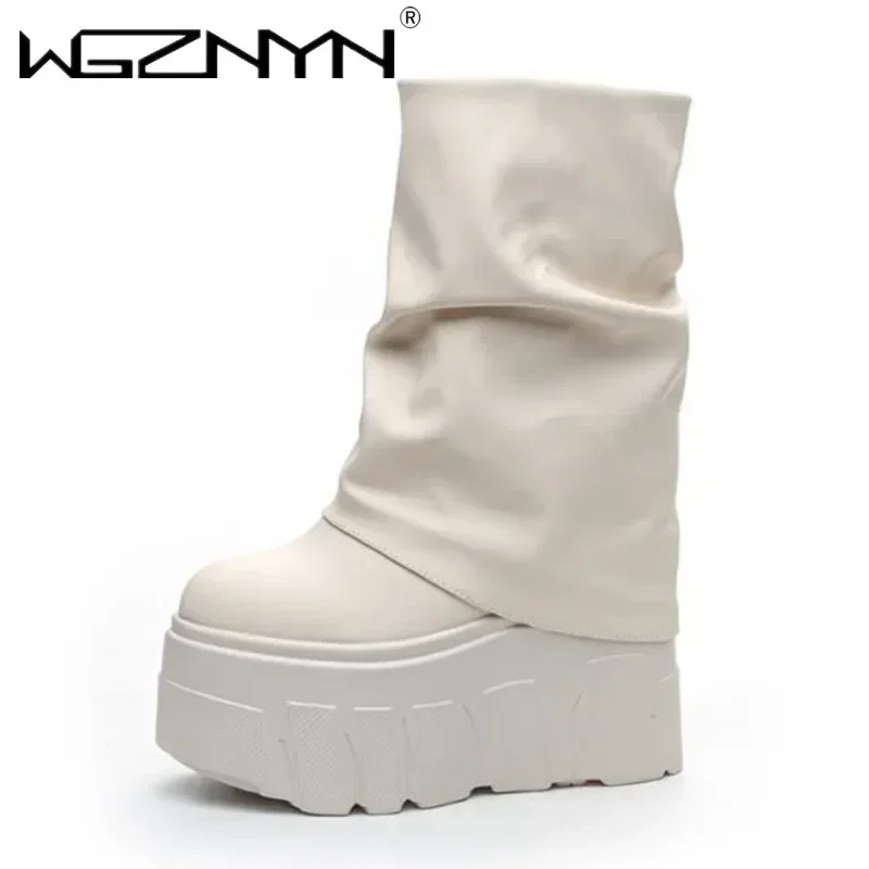 

Новые ботильоны 14 см, ботинки из натуральной микрофибры, кожаные ботинки 2025 года, зимние женские мотоциклетные ботинки на платформе, женские модные ботинки