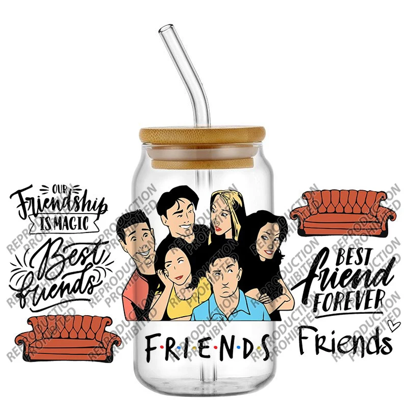

Popular Movie Friends Waterproof DIY Decals 3D Transfers Stickers 16oz UV DTF for Glasses cup Wraps