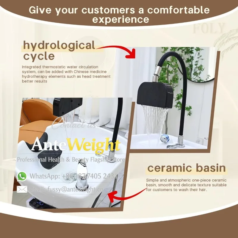 Professional Modern High Quality Orange Color Hair Salon Lay Down Furniture Washing Bed Electric Shampoo Chair with Bowl