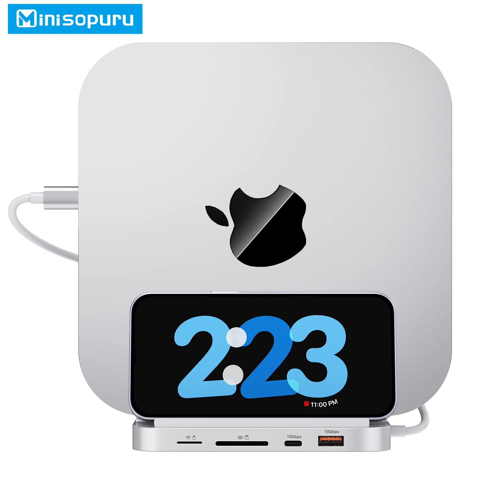 Minisopuru Upgrade Mac Mini Hub for Mac Mini 2018&Later Support M.2 NVMe/SATA SSD with 10Gbps USB C/A TF/SD multiport Dock Stand