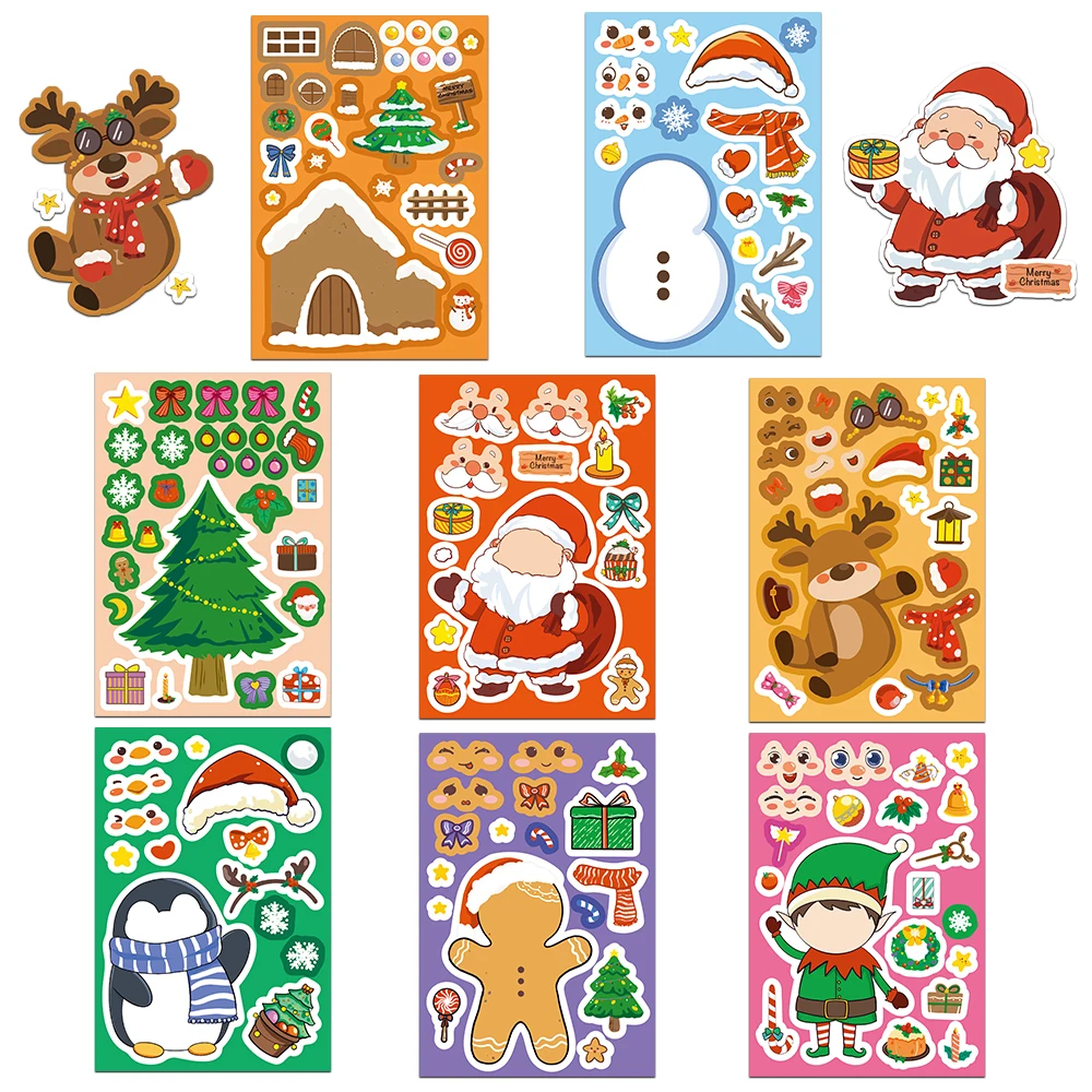 500 قطعة من ملصقات تجميع شخصية كرتونية ممتعة لعيد الميلاد ومتغيرة الوجه سانتا كلوز البطريق ثلج الزنجبيل هدية العيد