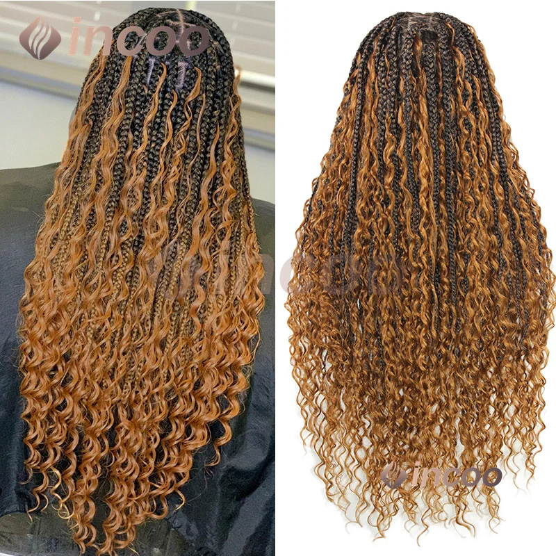 Incoo 32 inch Boho Braided Wigs Synthetic Full Lace Wigs Blonde Curly Goddess Locs Wigs Pre-Plucked Baby Hair Box Braids Wig