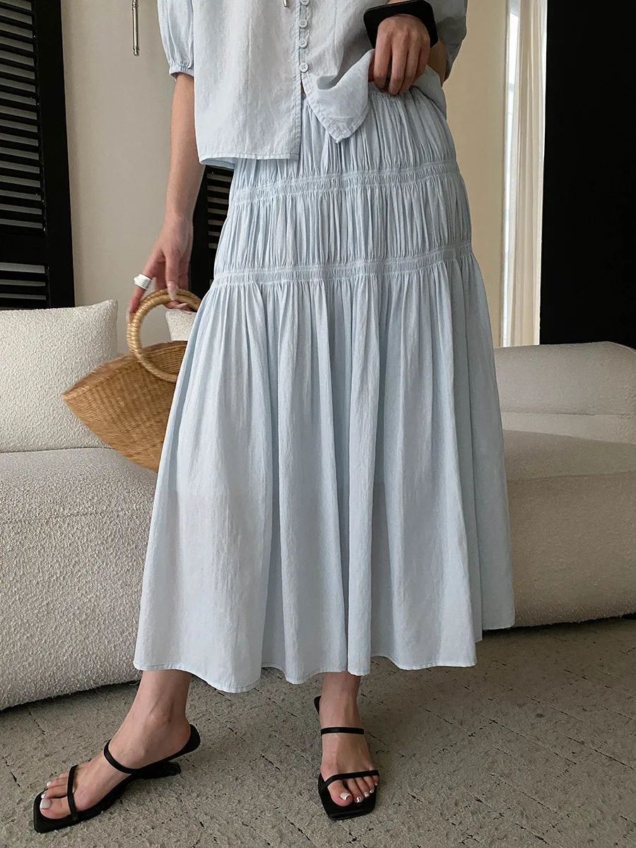Sommerliches Damen-Set: Lässiges, einfarbiges, französisches Spitzenhemd mit kurzen Ärmeln und plissiertem, elastischem Rock mit hoher Taille – Detail 36