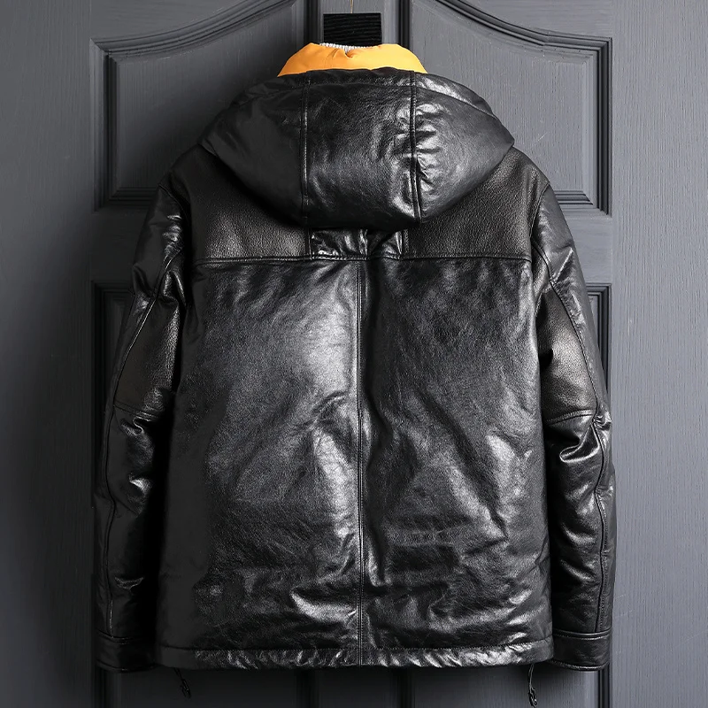 New Fashion Casual Real Leather Down Jacket Mens Retro Sheepskin Hooded Clothes Coat