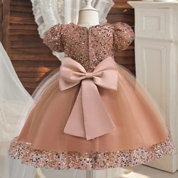 Girl Vintage Wedding Party Dress Elegant Kids Sequin Bow Birthday Princess Clothes Children Evening Gown Graduation Vestidos