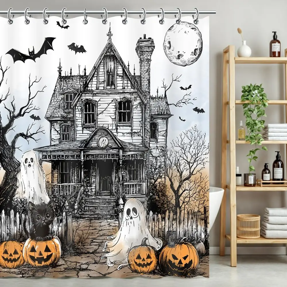 Halloween Haunted House Full Moon Night Shower Curtain 72