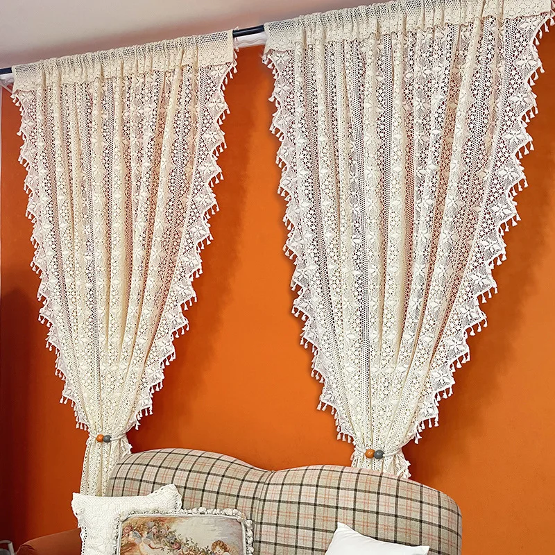 Retro French American Pastoral Cotton Crochet No Punching Hollow Crochet Gauze Curtain Decorative Curtain Finished Curtain