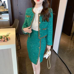 Women Elegant Tweed Plaid Suit Jacke Coat Top And Wrap Skirt Two Piece Set Green Outfit Winter Jacquard Formal Party Work Cloth