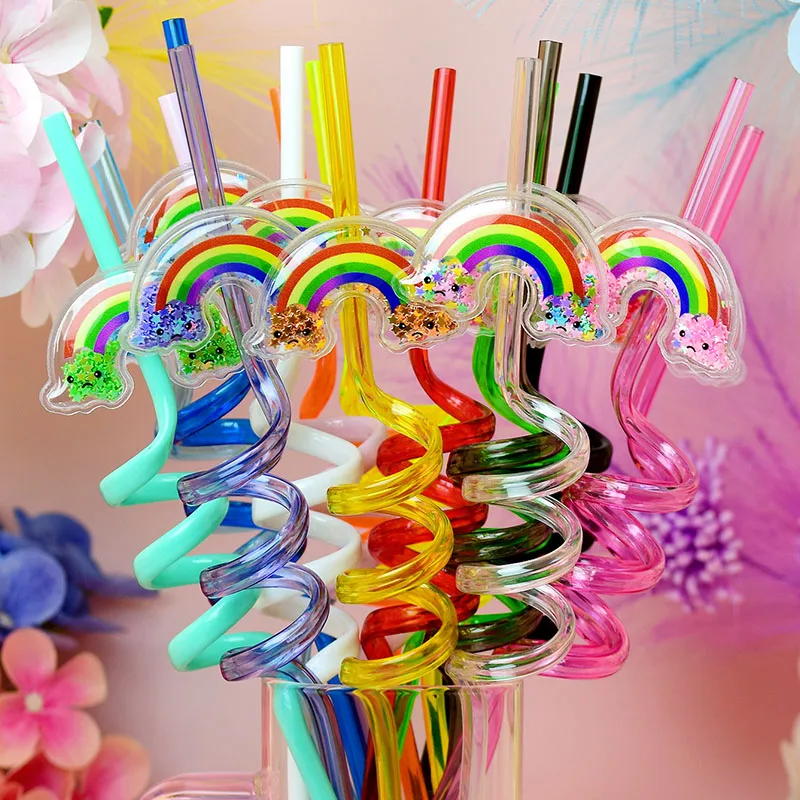 8pcs Rainbow Sequined Spiral Straws, Reusable, Birthday Party Decorations, Cartoon Rainbow Plastic Cocktail Straws