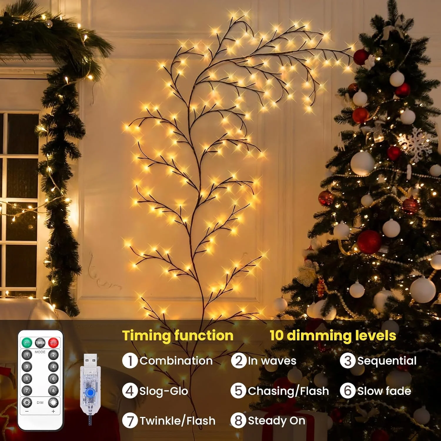 1/2pcs Bendable Willow Vine Lights Vines with Light Twinkle Artificial Tree Branches Lights USB Power 96/192 LED Light For Indoor Outdoor Home Decoration