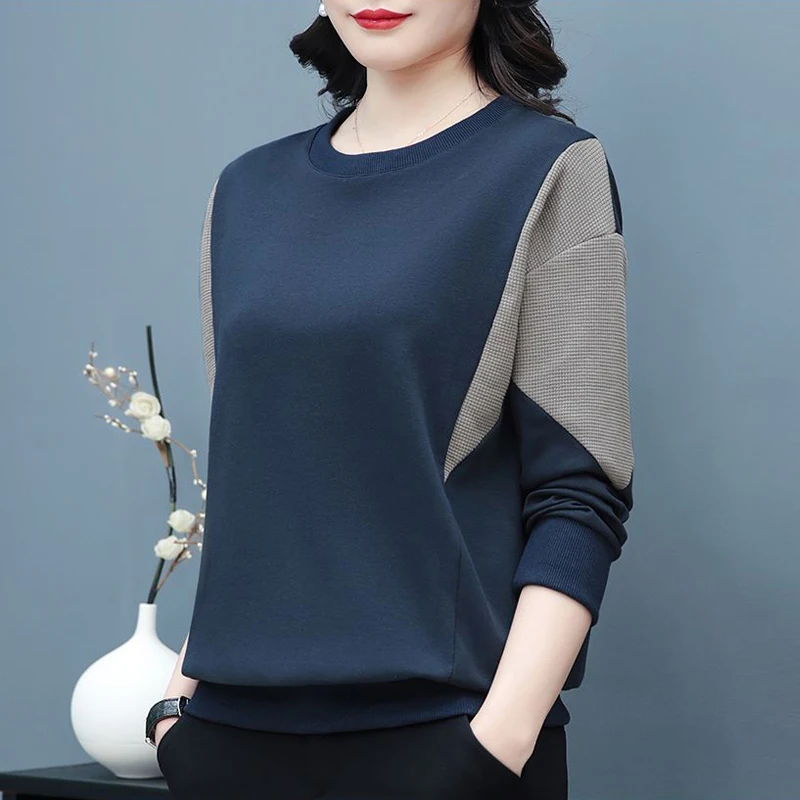 Korean Simple Style Patchwork Long Sleeve Loose Cotton Ladies Tops 2023 Spring Autumn Women\'s Casual All Match T-shirts Clothing