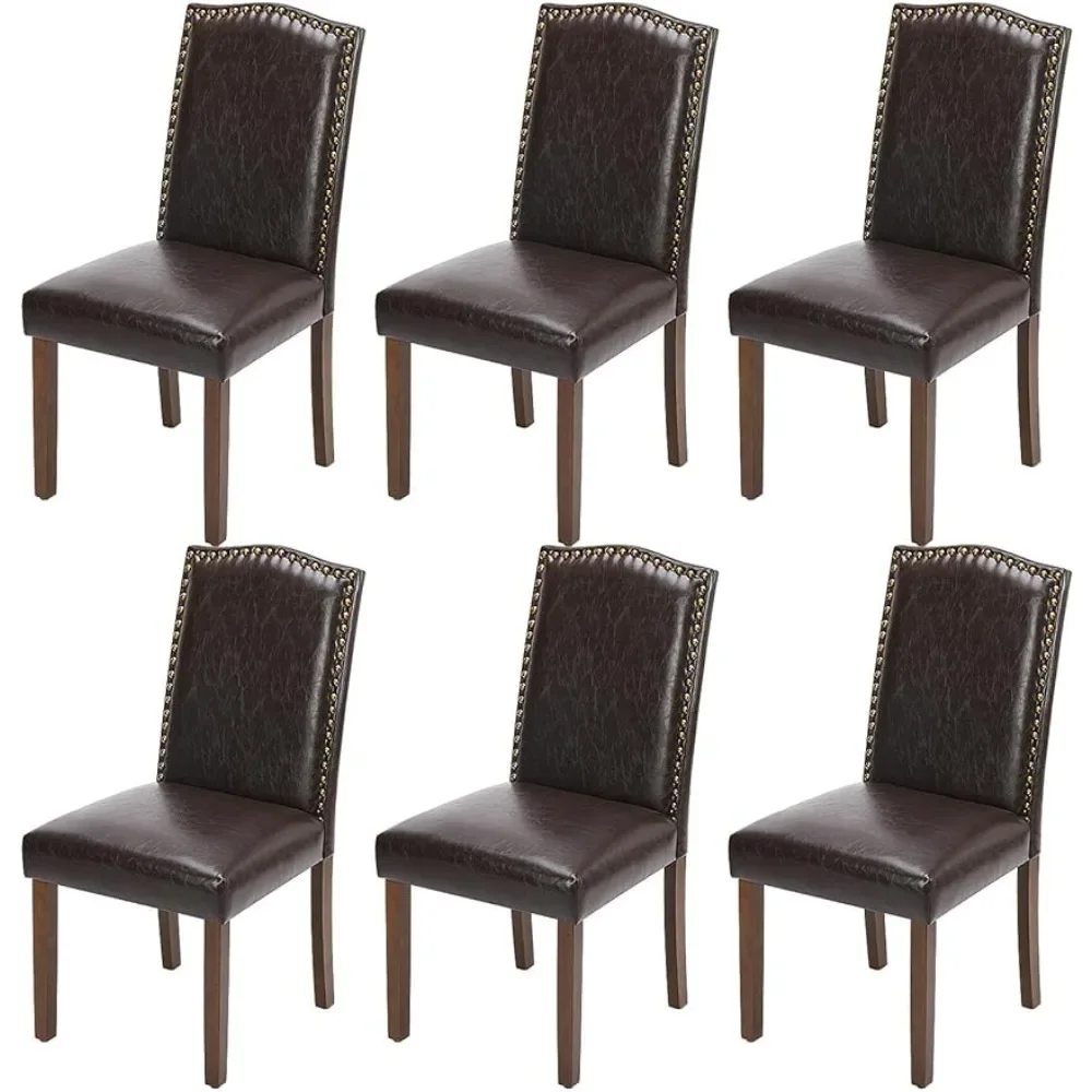 Upholstered Dining Chairs Set of 6, Modern Upholstered Leather Dining Room Chair with Nailhead Trim and Wood Legs, Dark Brown