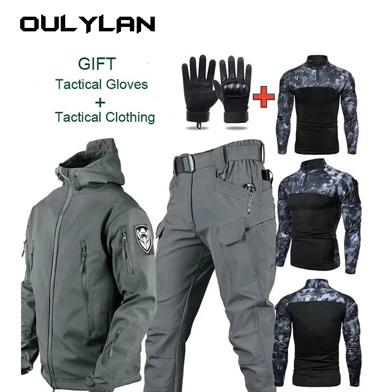 

Oulylan Men's Thick Soft Shell Winter Sharkskin Storm Jacket Velvet Hiking Clothing Fishing Four Piece Set Tracksuits