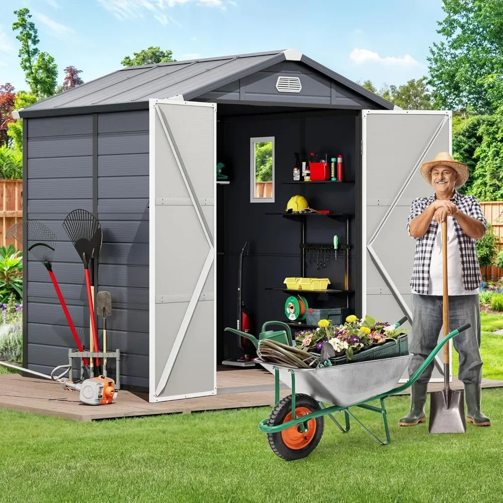 6x6FT Outdoor Storage Shed W/o Floor, All-Weather Plastic Shed with Lockable Doors, Window & Vents