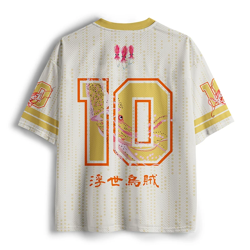 Ukiyo-e Ink Fish Sea Fish Full Print V-neck Short Sleeved Shirt Gold Collar Eastern Chinese Character Stamp White Adult Children