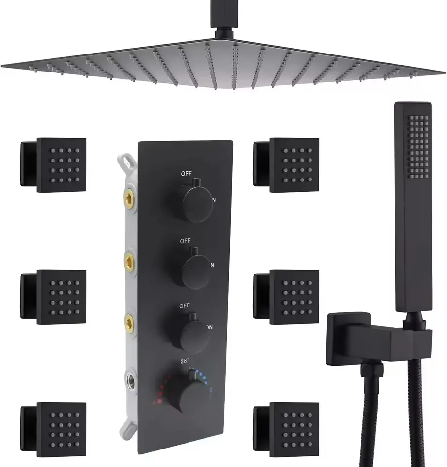 

Матовая черная душевая система с потолочным тропическим душем и ручным распылителем, комплект с термостатическим латунным смесителем.