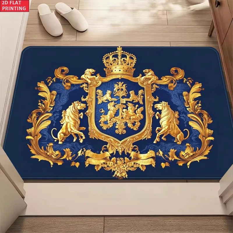Royal Crest Rug Velvet Flannel Printed Floor Mat Luxury Design Decorative Carpet Entryway Home Decor Door Mat