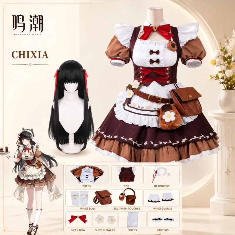 Chisa Cosplay Game Wuthering Waves Cosplay Coffee Maid Dress Wig Kawaii Lolita Dress Women Halloween Roleplay Clothes