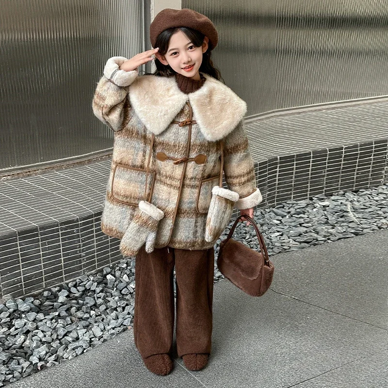 Girls' Clothing Velvet Large Lapel Neck Plaid Coat 2024 New Foreign Style Middle-aged Older Children's Korean Wool Woolen Coat