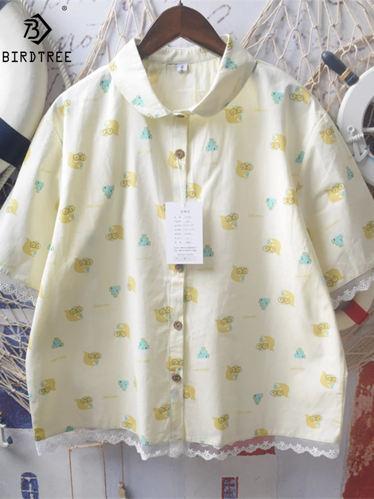 New Summer Cotton Short Sleeve Shirt Lapel Cartoon Printed Top Mori Girl Sweet Casual Loose Retro Blouse 2024 Autumn T46935QM