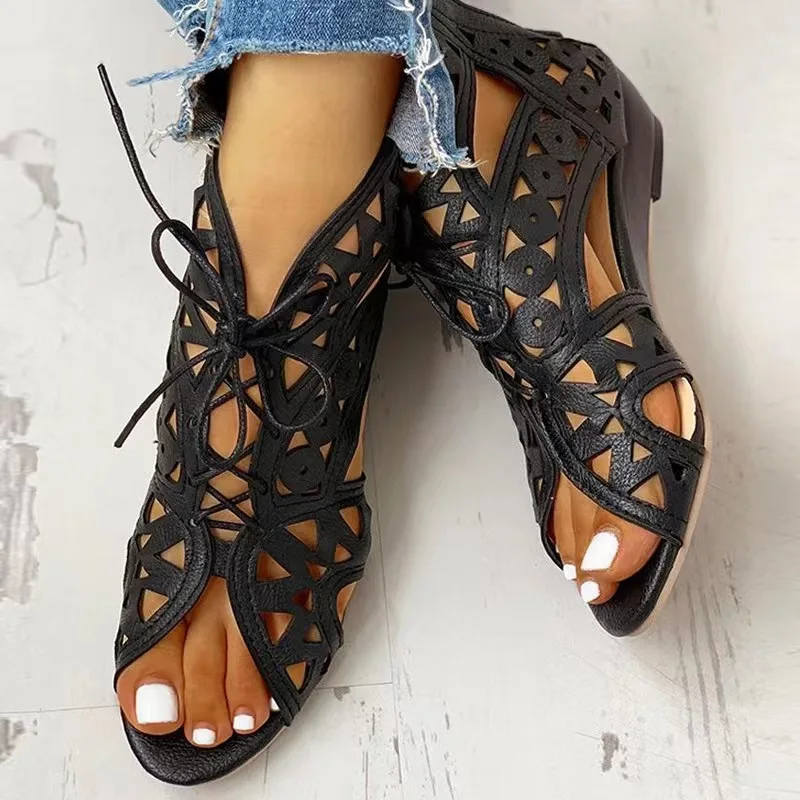 Women Wedge Sandals Summer New Woman Fashion Lace-Up Low Heel Flat Sandals Plus Size 42 Female Casual Hollow Out Sandalias