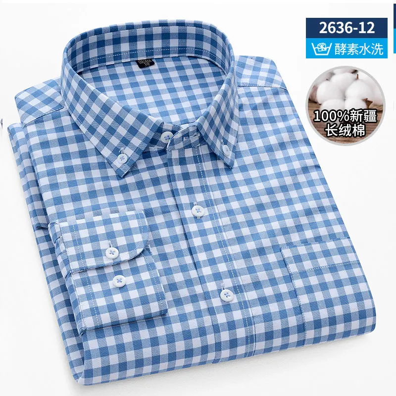 6XL 7XL large size men\'s spring and autumn 100% cotton long-sleeved shirt solid color striped plaid casual non-iron social