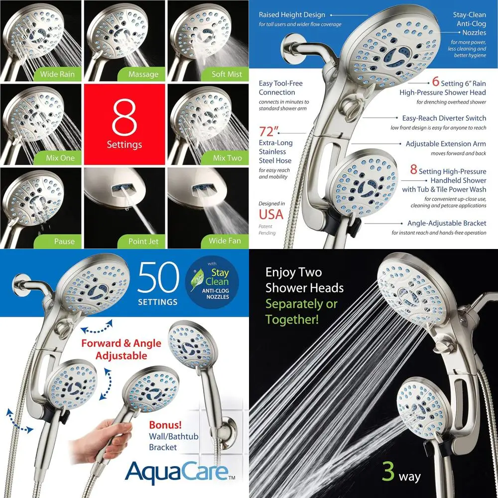 3-Way 50-Mode High Pressure Shower Head with Adjustable Arm, Anti-clog Nozzles, Tub & Pet Wash, 6ft Hose, Nickel