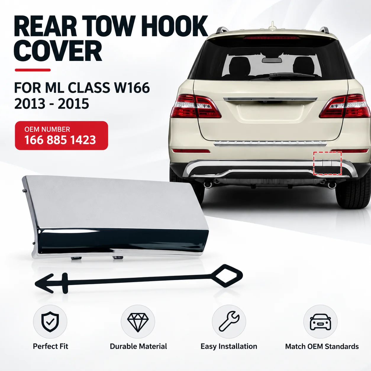 Auto Rear Bumper Towing Hook Eye Cover Chrome Cap for Mercedes-Benz W166 ML-Class 2013-2015 OE1668851423