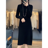 Women's Cashmere Knit Dress, Slit, Slim, Medium and Long, Semi-High Collar, Casual Long Skirt, Made of Pure Wool